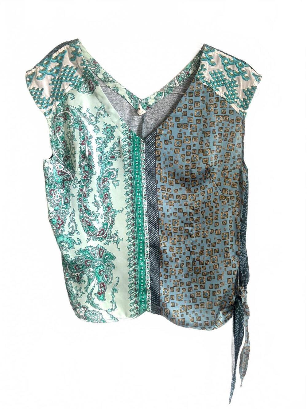 Anthropologie | Tiny Short Sleeve Blue‎ Green Embroidered Side Tie Shirt Size
